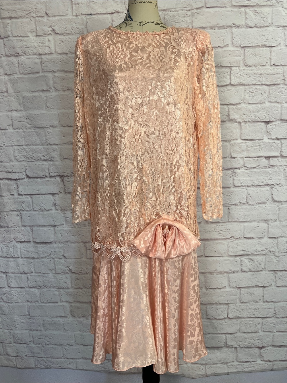 Vintage 1980s David Rose Peach Lace Drop-Waist Dress